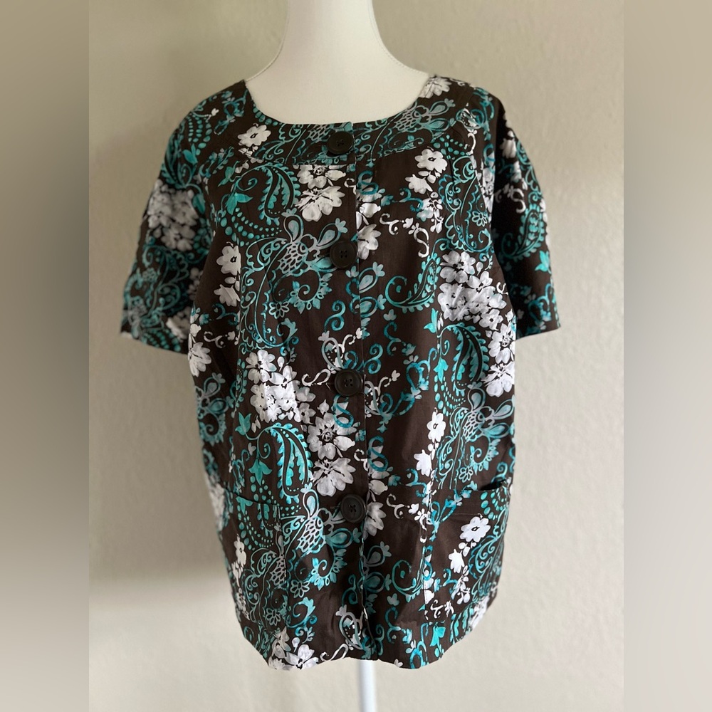 KIM ROGERS Paisley Brown Button Up Top EUC - Picture 2 of 7